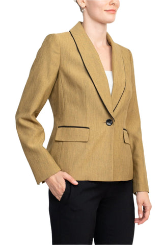 Le Suit Shawl Collar Long Sleeve Mini Herringbone Piping Detail Flap Pockets Jacket with Mid Waist Button Zipper Closure Pockets Slim Pants (Two Piece) - Glamourous Grace