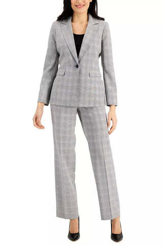 Le Suit Notched Collar Long Sleeve One Button Closure Front Shoulder Pads Flap Pockets Crepe Jacket with Pants (Petite) - Glamourous Grace