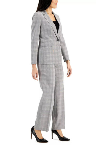 Le Suit Notched Collar Long Sleeve One Button Closure Front Shoulder Pads Flap Pockets Crepe Jacket with Pants (Petite) - Glamourous Grace