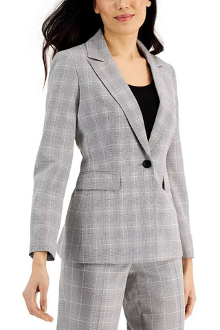 Le Suit Notched Collar Long Sleeve One Button Closure Front Shoulder Pads Flap Pockets Crepe Jacket with Pants (Petite) - Glamourous Grace