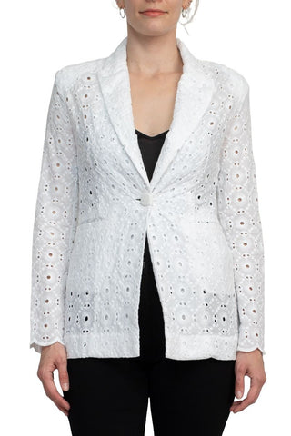 Industry Lapel Collar Long Sleeve One Button Closure Eyelet Lace Blazer - Glamourous Grace