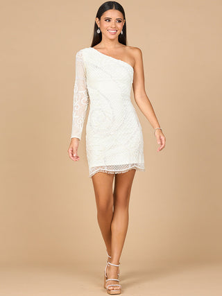 One Sleeve Beaded Cocktail Dress with Fringe - By Baano