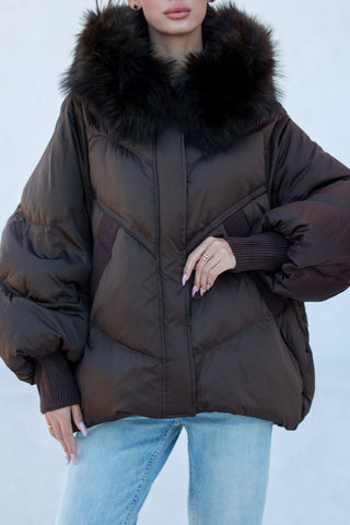 Chantal Genuine Fur Trim Down Fill Coat in Chocolate