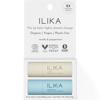 ILIKA Lip balm Organic, Vegan, Plastic-free, 100% Plant-based, 2X Volume, COSMOS Certified Organic, PETA Certified Vegan & Cruelty-Free 2 Pack, Vanilla & Peppermint - By Baano
