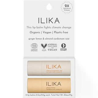 ILIKA Lip balm, Organic, 100% Plant-based, Natural Lip Treatment, COSMOS Certified Organic, PETA Certified Vegan & Cruelty-Free 2 Pack, Ginger Lemon & Almond Cardamom Rose - By Baano