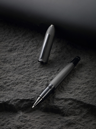 Peerless™ Polished Black PVD Engraved Diamond Pattern with Black PVD Appointments and Swarovski Crystal Rollerball Pen - By Baano