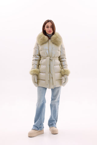 Genuine Fox Fur Down Coat with Fur Trim Mittens