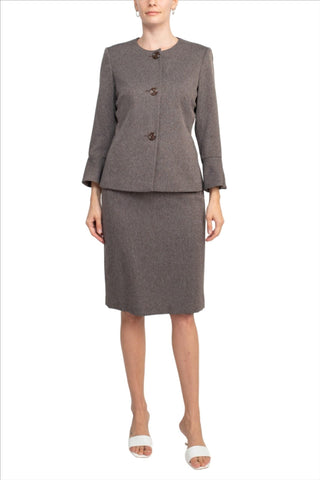 NYP Suits Crew Neck Long Sleeve 3 Button Pockets Zipper Back Slit Back Crepe Skirt Set - Glamourous Grace
