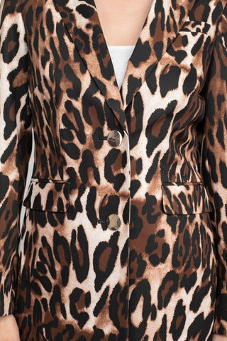 John Meyer Collection Notched Collar Long Sleeve Long Jacket Leopard Print Two Button Pockets Zipper Closure Pants Stretch Crepe Pant Set - Glamourous Grace