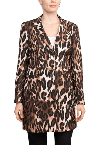 John Meyer Collection Notched Collar Long Sleeve Long Jacket Leopard Print Two Button Pockets Zipper Closure Pants Stretch Crepe Pant Set - Glamourous Grace