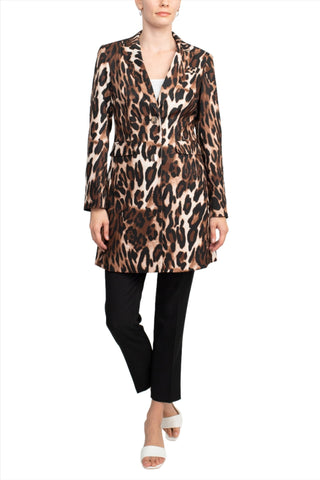 John Meyer Collection Notched Collar Long Sleeve Long Jacket Leopard Print Two Button Pockets Zipper Closure Pants Stretch Crepe Pant Set - Glamourous Grace