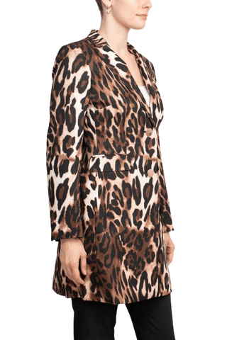 John Meyer Collection Notched Collar Long Sleeve Long Jacket Leopard Print Two Button Pockets Zipper Closure Pants Stretch Crepe Pant Set - Glamourous Grace