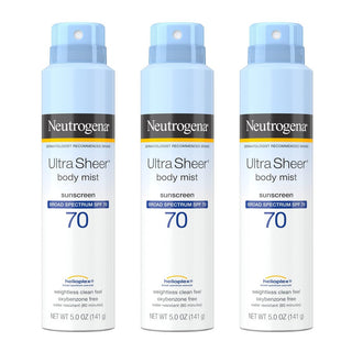 Neutrogena Ultra Sheer Body Mist Sunscreen Spray, Broad Spectrum SPF 70, Lightweight Spray Sunscreen, Non-Greasy & Water Resistant, Oil-Free & Non-Comedogenic U