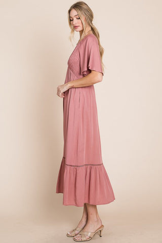 HEYSON Full Size Smocked Pocket Midi Dress in Rouge Pink