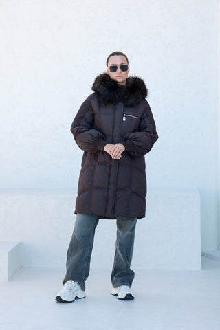 Dakota Genuine Fur Trim Down Fill Coat in Fig