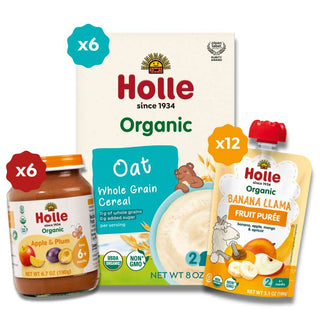 Starting Solids Variety Bundle: Apple & Plum Jars, Oat Cereal, Banana Llama