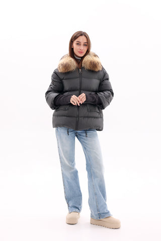 Genuine Fur Trim Down Fill Coat in Black