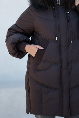 Celeste Genuine Fur Trim Down Fill Coat in Fig