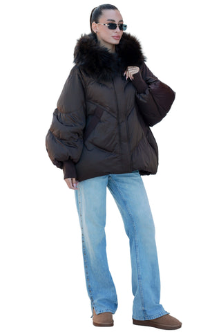 Chantal Genuine Fur Trim Down Fill Coat in Chocolate