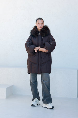 Celeste Genuine Fur Trim Down Fill Coat in Fig