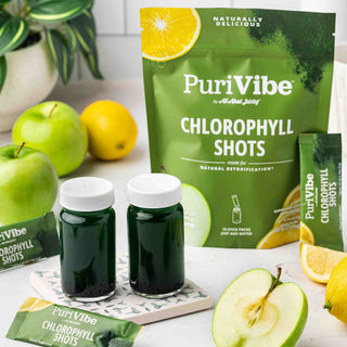 PuriVibe Chlorophyll & Lemon Juice Shots - Wellness Shot, Superfood Supplement Powder - Green Juice - Supports Detox & Gut Health