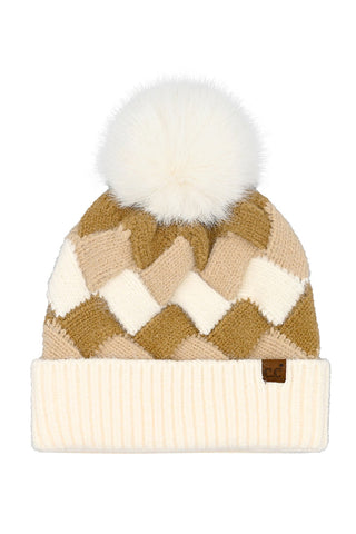 C.C Chunky Weaved Pattern Pom Beanie Winter Hat