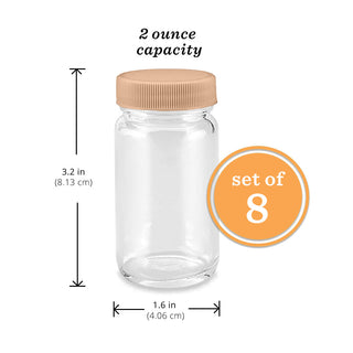 Glass Juice Shot Bottles Set w/ Colored Lids & Grip Bands, 8 Pack Set, 2oz