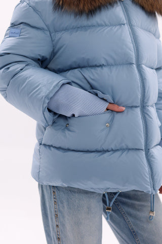 Genuine Fur Trim Down Fill Coat in Blue