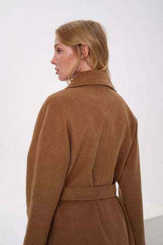 Cambridge Comfort Wraparound Wool Cashmere Coat in Dark Camel