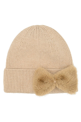 C.C Faux Fur Solid Bow Beanie Winter Hat