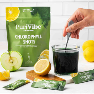 PuriVibe Chlorophyll & Lemon Juice Shots - Wellness Shot, Superfood Supplement Powder - Green Juice - Supports Detox & Gut Health