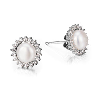 18k Gold and Sterling Silver & Cultured Pearl Halo Stud Earrings