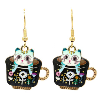 14K Gold Kitten in a Mug Hook Earrings