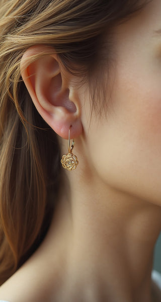 14K Gold Caged with crystals Rose Lever Back Earrings