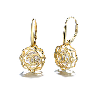 14K Gold Caged with crystals Rose Lever Back Earrings