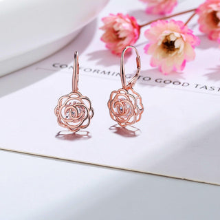 14K Gold Caged with crystals Rose Lever Back Earrings