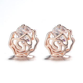 14K Rose or Sterling Silver Caged Rose Stud Earrings with Floating Crystals