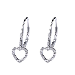 14K White Gold Open Heart Leverbak Earrings with Crystals