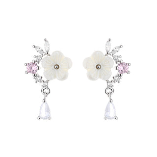 14K Rose Gold And Sterling Silver and Pink Cat's-Opal Eye Flower Drop Earrings