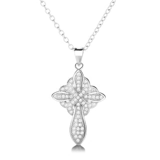 14K Gold And Sterling Silver Studded Cross Pendant Necklace