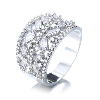 14K White Gold Plated Geometric Floral Ring With Crystals