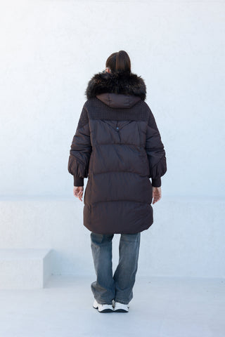 Dakota Genuine Fur Trim Down Fill Coat in Chocolate