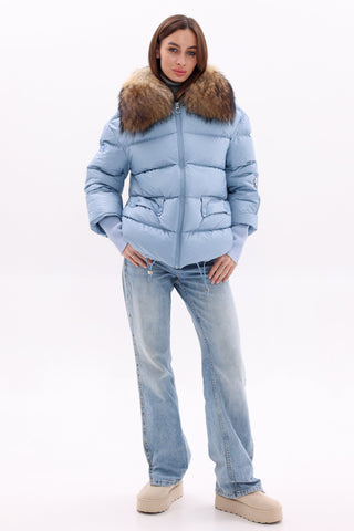 Genuine Fur Trim Down Fill Coat in Blue