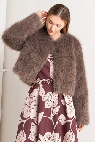 LONDON FLARE MOCHA FAUX FUR CROP JACKET