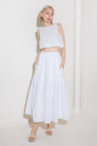 SIMPLY SPELLBOUND WHITE WOVEN FULL MIDI SKIRT - By Baano