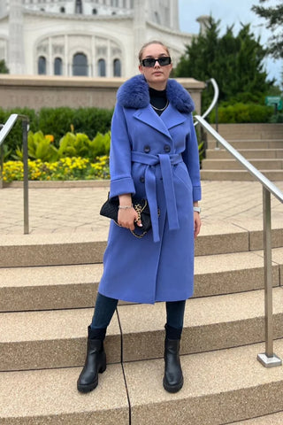 Genuine Polar Fox Collar Cashmere Wool Coat