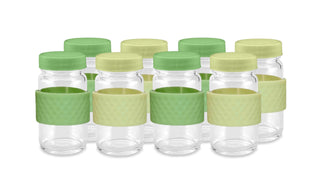 Glass Juice Shot Bottles Set w/ Colored Lids & Grip Bands, 8 Pack Set, 2oz