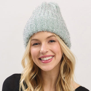 Fuzzy Lurex Metallic Knit Winter Beanie Hat