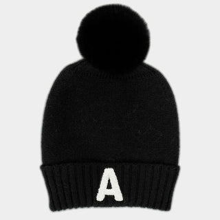 -A- Initial Monogram Faux Fur Pom Pom Knit Beanie Hat