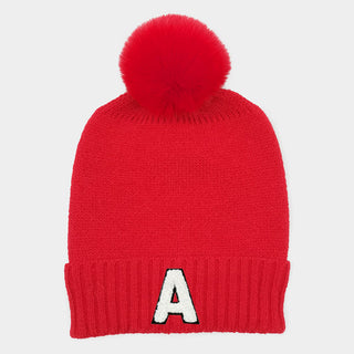 -A- Initial Monogram Faux Fur Pom Pom Knit Beanie Hat